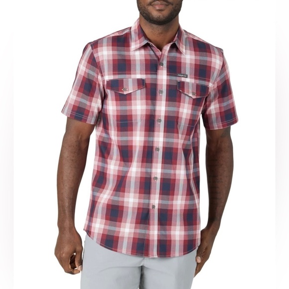 Wrangler Mens Large Outdoor Short Sleeve Shirt Plaid Barn Chore Workwear UPF 40 - Picture 1 of 13